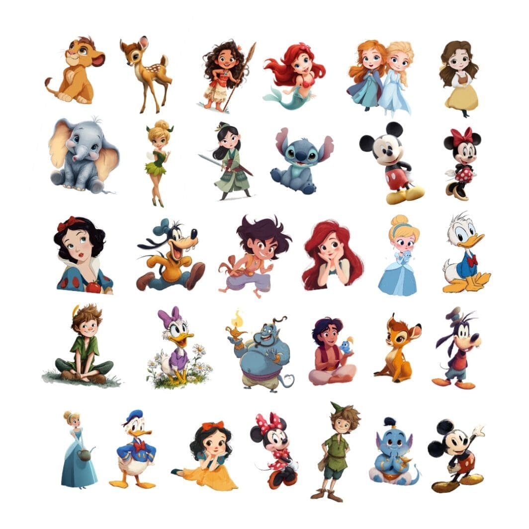 Cover image of the Disney Characters Digital Sticker Collection featuring a colorful assortment of 89 printable stickers with popular Disney characters on a white background.