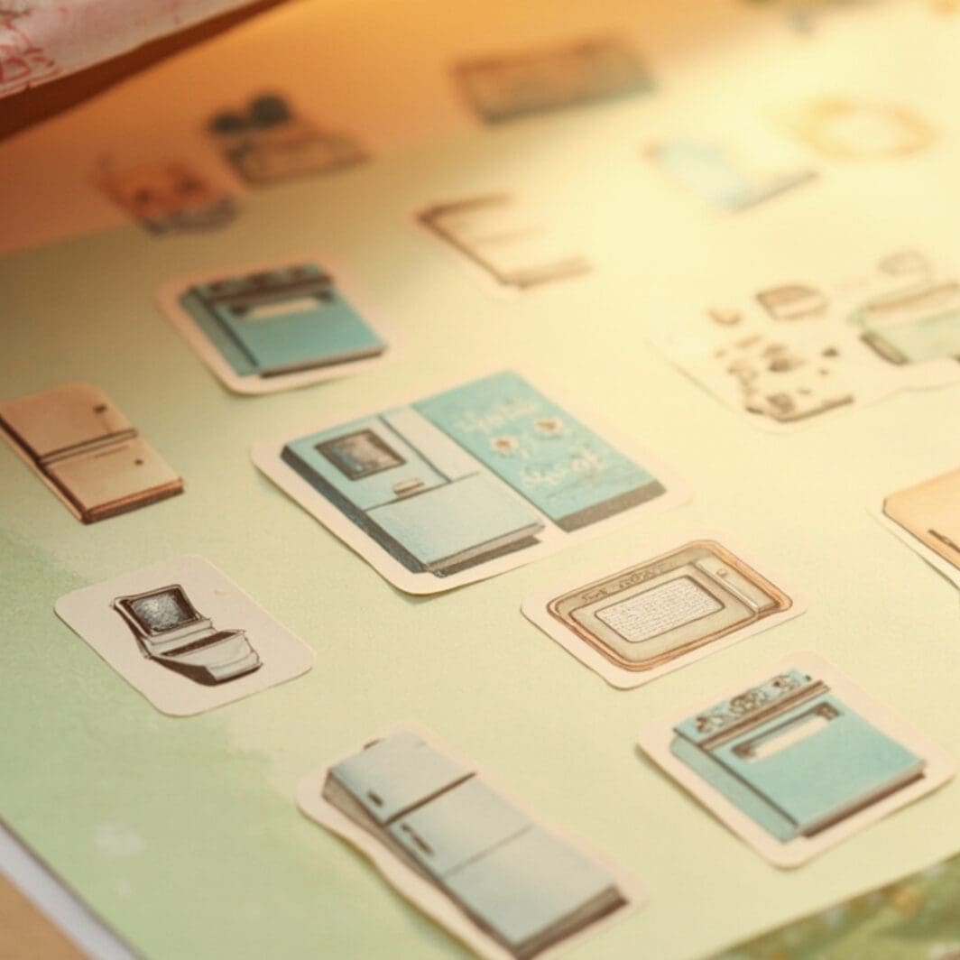 Cover image featuring a collection of 33 cute pastel kitchen tool stickers, including cooking pans, fridges, food processors, toasters, and microwaves, arranged in a clean layout on a soft pastel background with playful, cozy vibes.