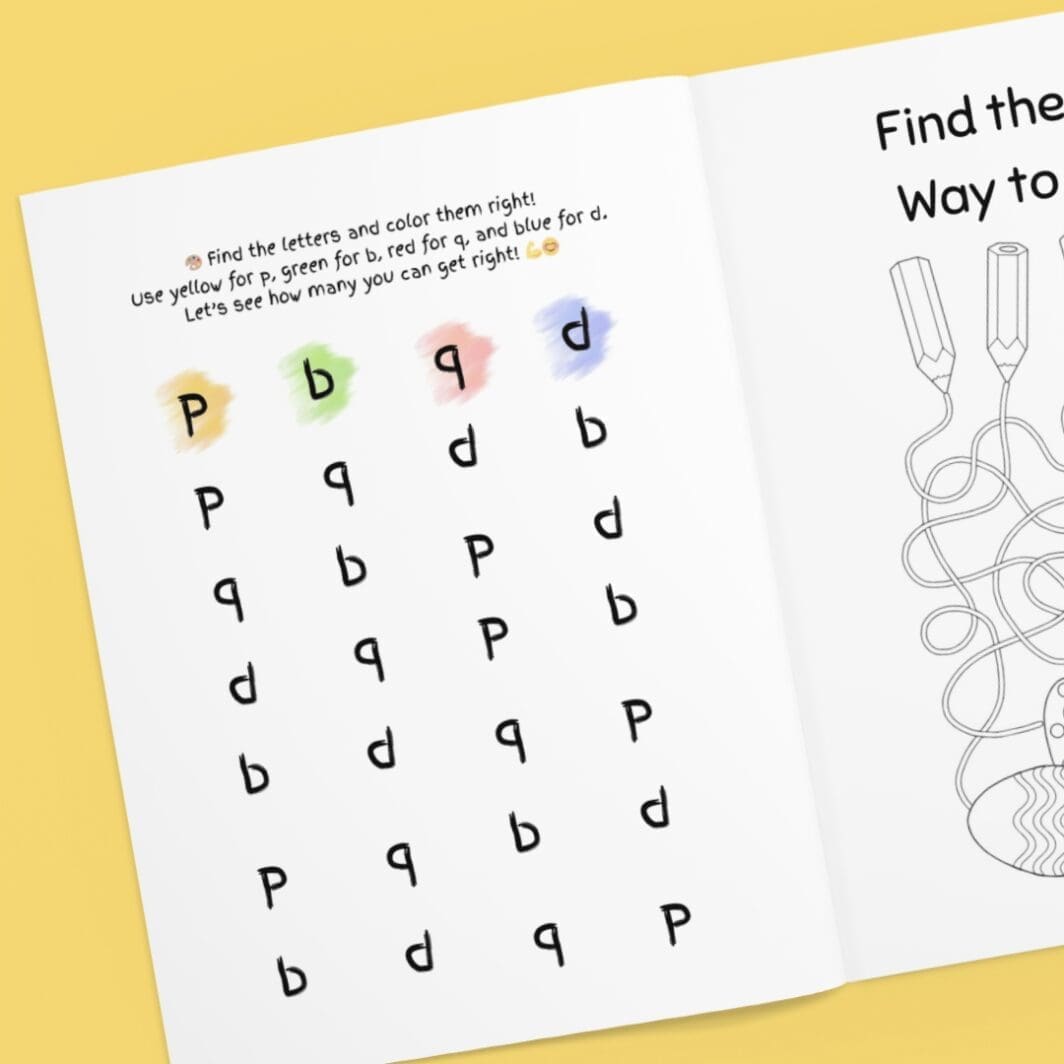 Child using a worksheet to identify and color the letters p, b, q, and d with matching colored markers (yellow, green, red, and blue) for a letter recognition activity.