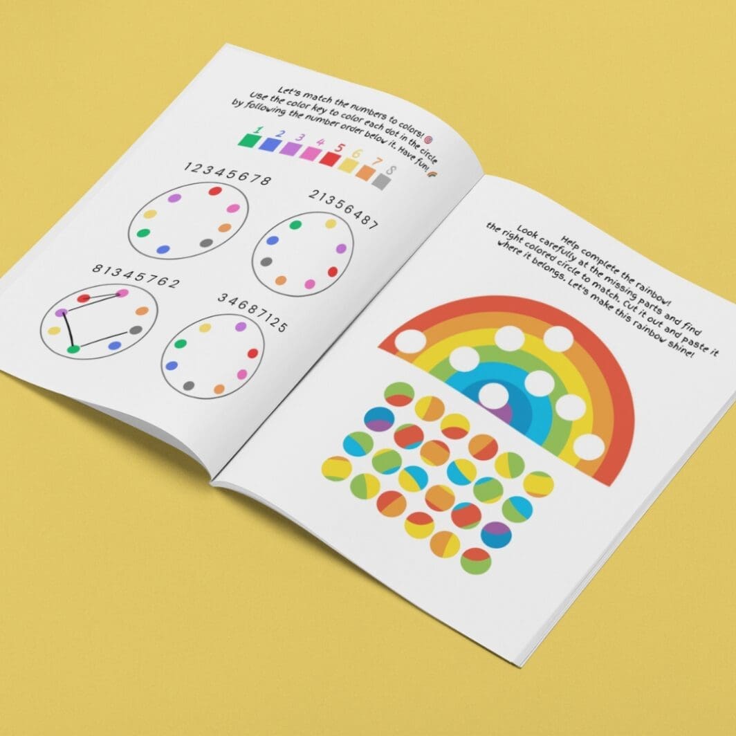 Printable kids activity sheet featuring a half rainbow with missing colored circles and a grid of colorful circle pieces below for cutting and matching