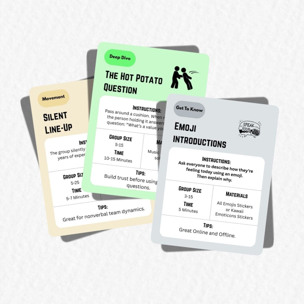 Cover image of the Fun Icebreakers and Games card pack featuring six colorful pastel cards, each labeled with a different team activity such as Emoji Introductions, Human Bingo, and Would You Rather, designed for meetings, workshops, and team-building events.