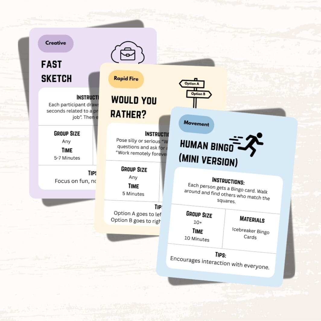 Cover image of the Fun Icebreakers and Games card pack featuring six colorful pastel cards, each labeled with a different team activity such as Emoji Introductions, Human Bingo, and Would You Rather, designed for meetings, workshops, and team-building events.