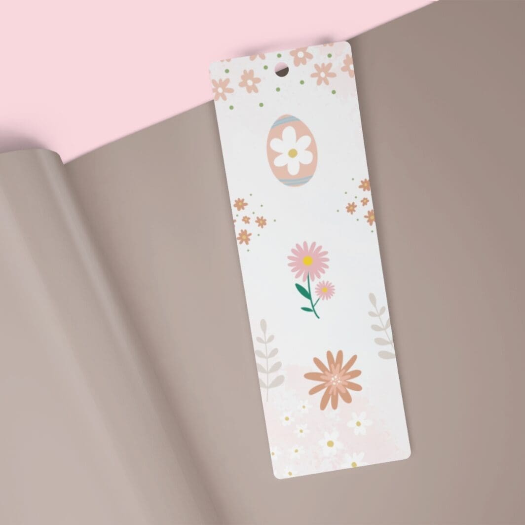Colorful set of 5 printable Boho-style bookmarks for kids, featuring playful patterns, rainbows, hearts, and nature-inspired illustrations, displayed on a white background with scissors and colored pencils.
