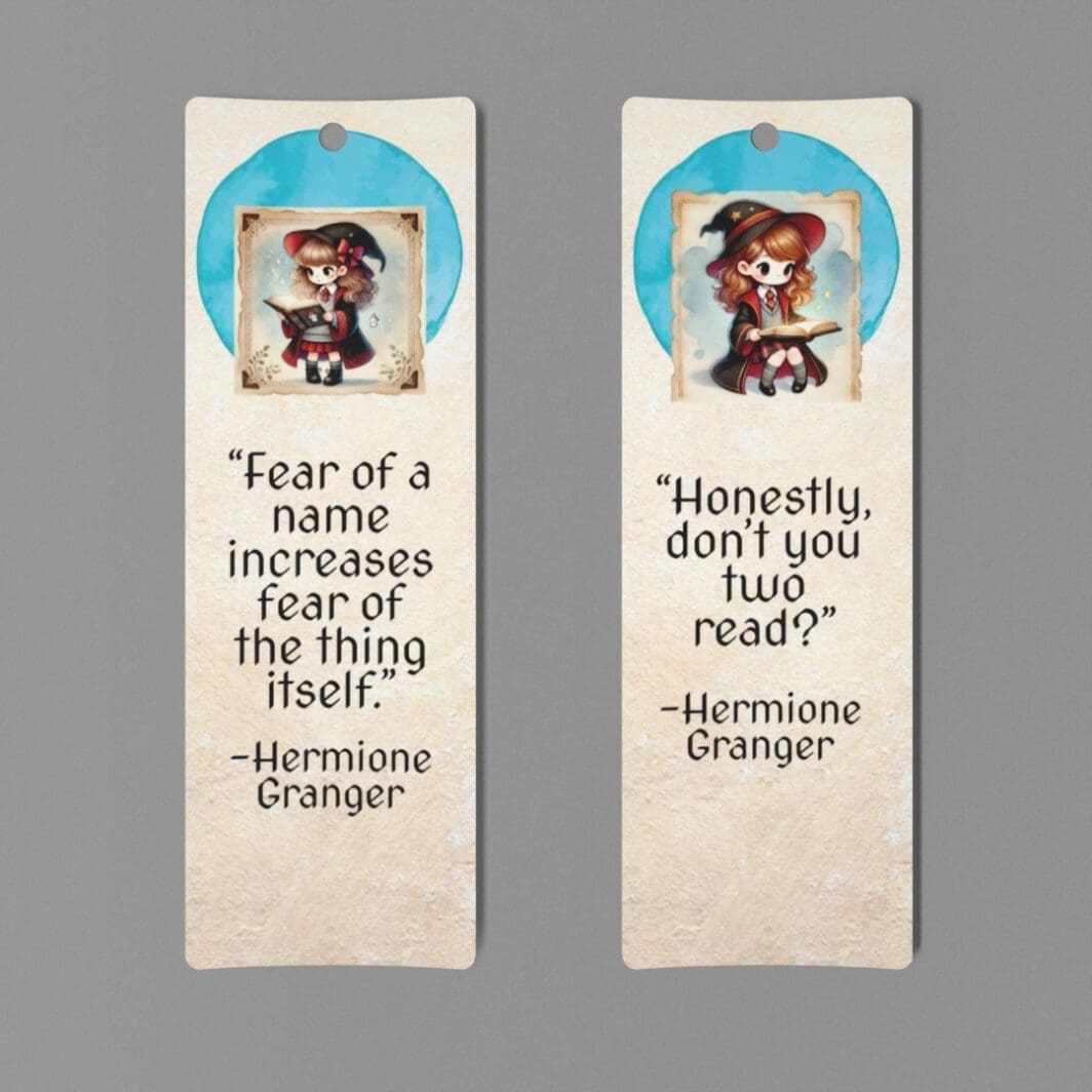 Printable Hermione Granger quote bookmarks for kids featuring colorful designs and inspiring quotes about reading, bravery, and learning