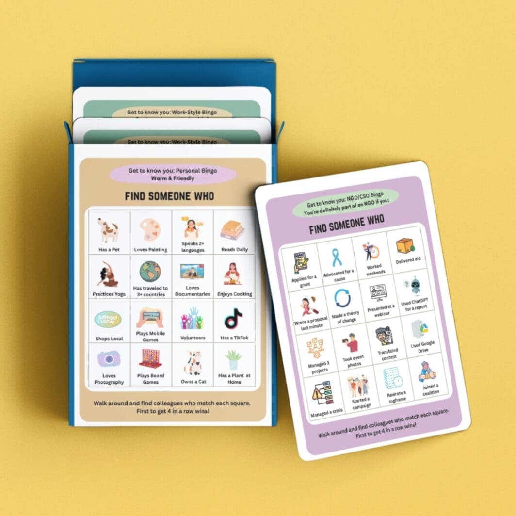 Cover image displaying three colorful Icebreaker Bingo cards side by side. The first card has a purple background and includes personal prompts like “Has a pet.” The second card is in beige and focuses on work-related traits like “Loves spreadsheets.” The third card features a teal background with NGO/startup-themed prompts such as “Applied for a grant.” Each card includes a 5x5 grid with icons and playful text designed for team-building activities.