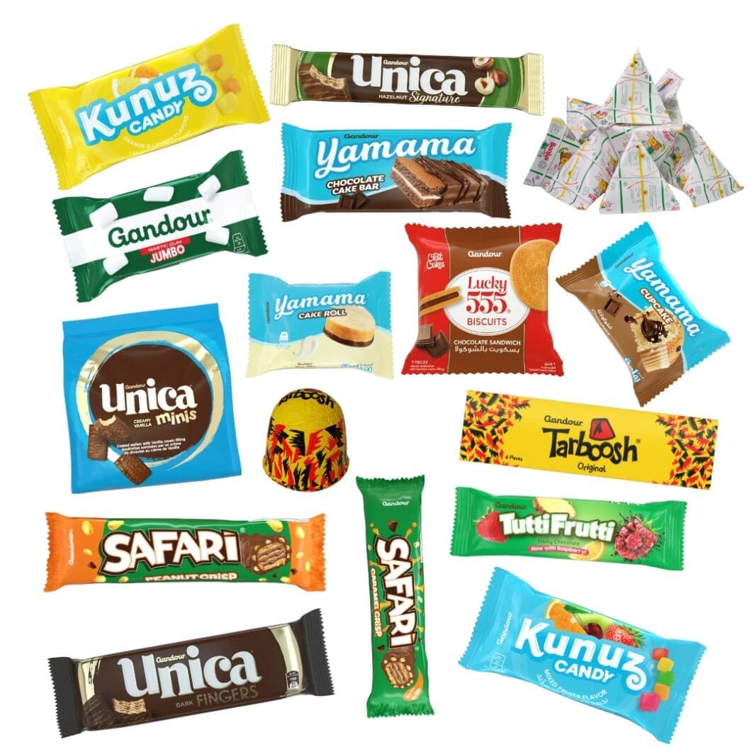 Cover image of the "Lebanon Nostalgia Stickers" digital collection, featuring colorful illustrated icons of nostalgic Lebanese items such as Dabke biscuits, Abido spices, Castania nuts, Unica chocolate, and Ghandour gum, arranged in a playful layout on a light background.