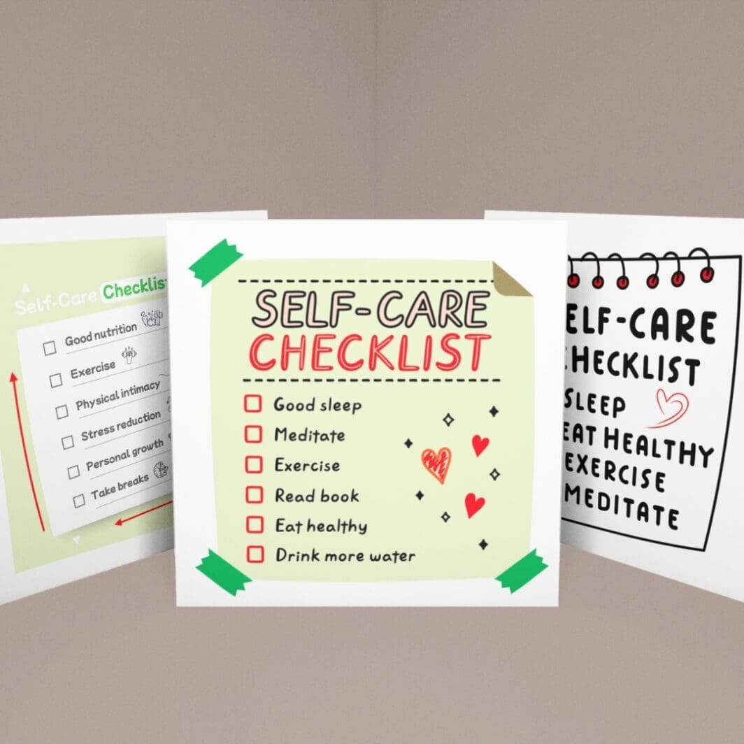 Printable daily self-care checklist with clean, minimalist design showing activities like sleep, hydration, meditation, and healthy eating — high-resolution PNG with transparent background for easy use