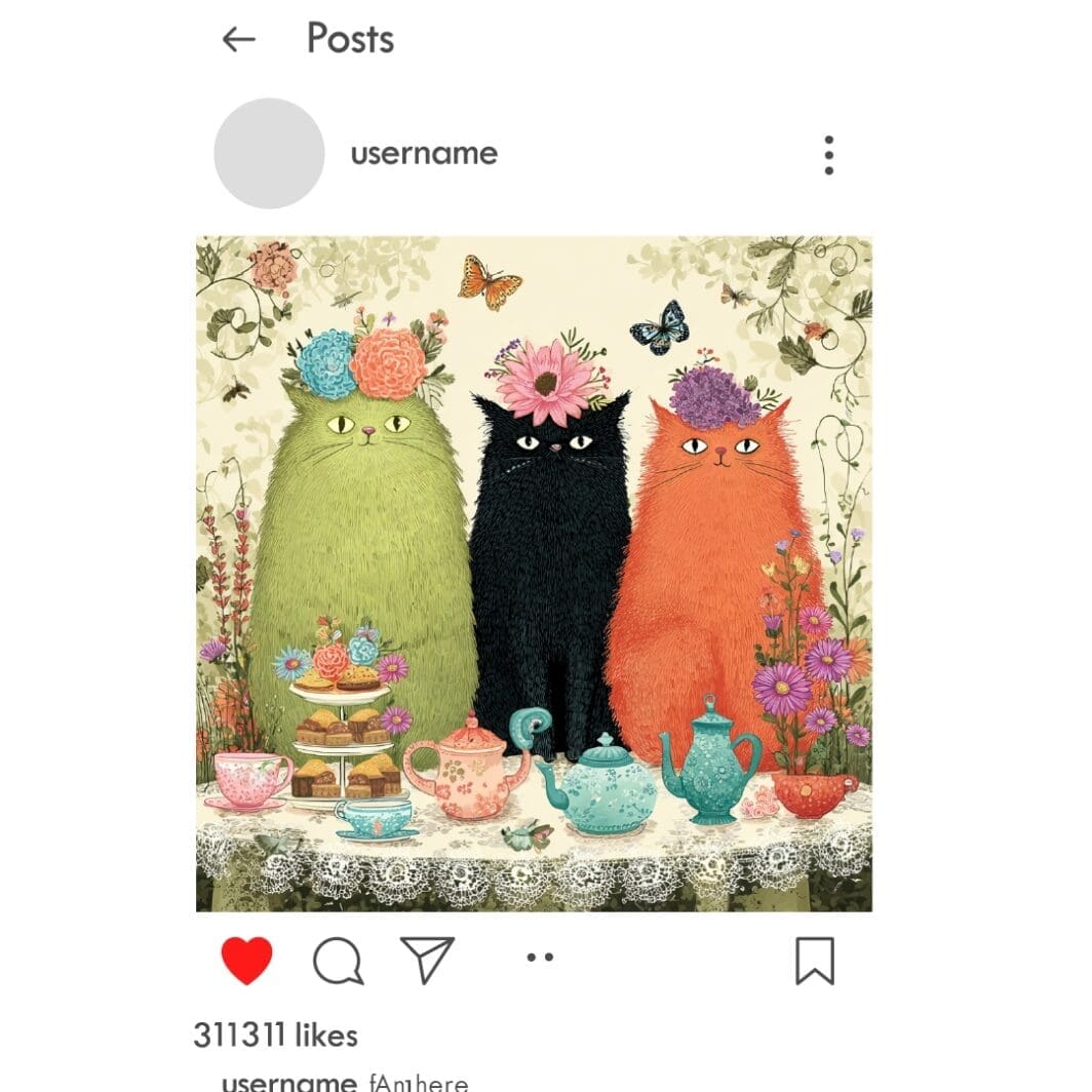 Colorful digital illustration of four whimsical cartoon cats with unique flower crowns, representing the 156 Cat Club Content collection for faceless and themed social media branding