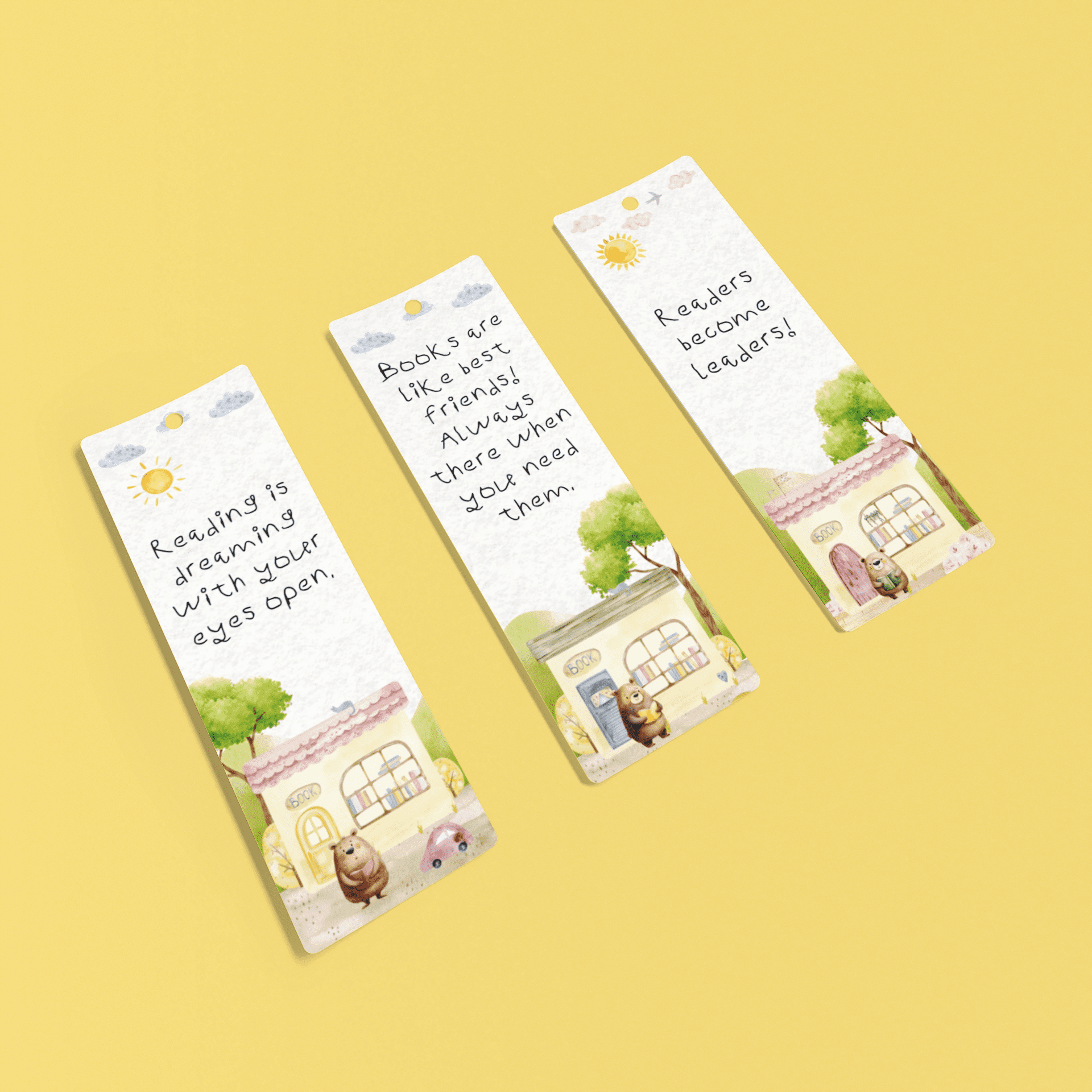 Watercolor-style kids' bookmark featuring a cute bear holding a book in front of a cozy bookstore, with bright sun, clouds, trees, and playful elements — perfect for young readers