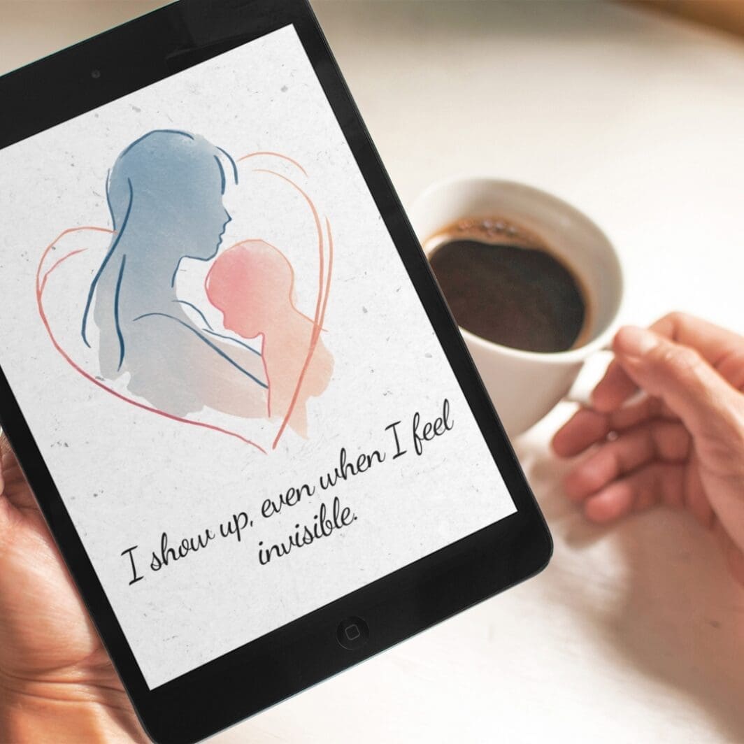 Cover image of 24 printable motherhood affirmation cards in soft pastel colors with gentle hand-drawn illustrations, featuring emotional quotes for mothers. Digital and printable download available only at SharekknaOnline.com