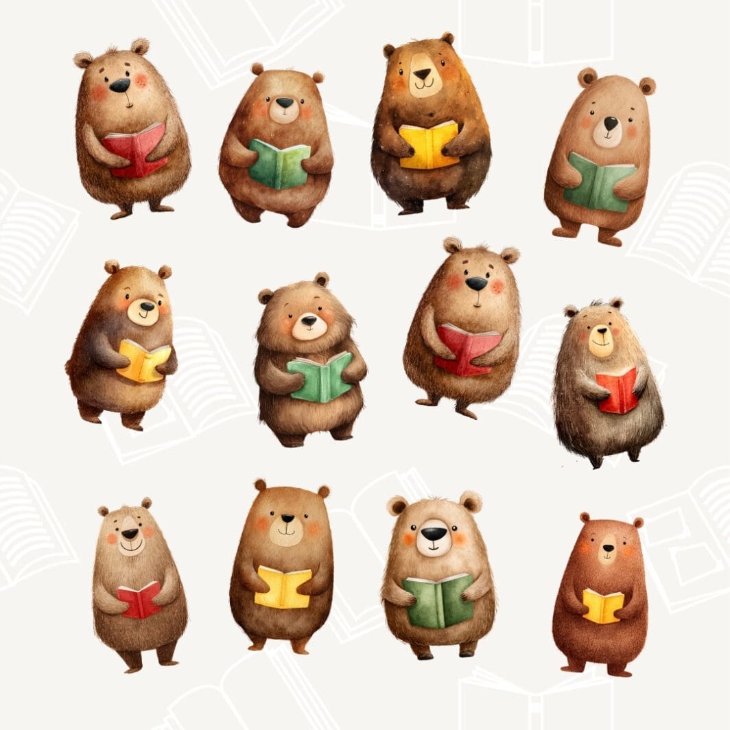 Download The Book Bear Stickers – a set of 12 watercolor bear PNGs with transparent backgrounds. Perfect for digital planners, printable stickers, scrapbooking, classroom activities, crafts, and more. Easy to print at home or use digitally.