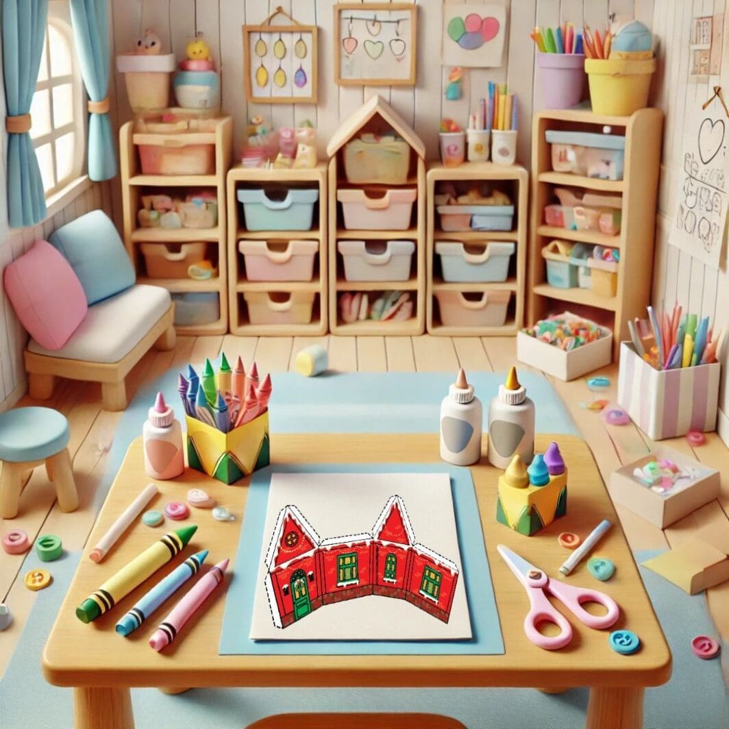 Printable 3D paper house craft with snowy roof and Christmas decorations – kids’ cut, fold, and glue activity.