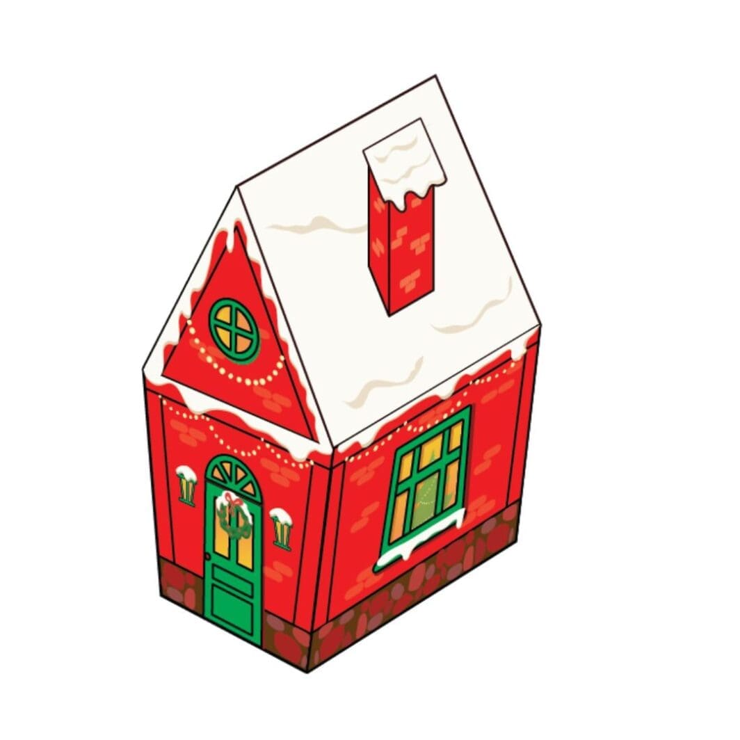 Printable 3D paper house craft with snowy roof and Christmas decorations – kids’ cut, fold, and glue activity.