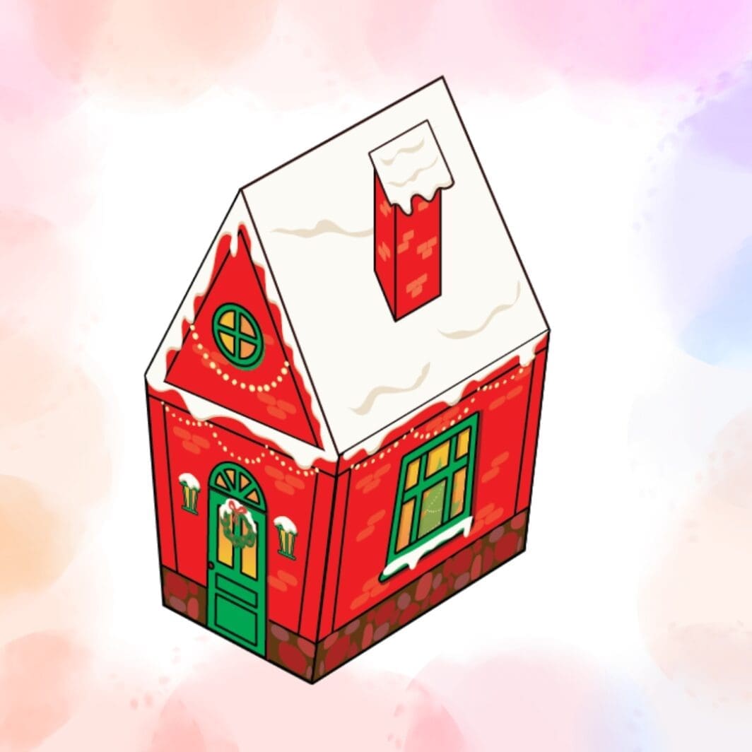 Printable 3D paper house craft with snowy roof and Christmas decorations – kids’ cut, fold, and glue activity.
