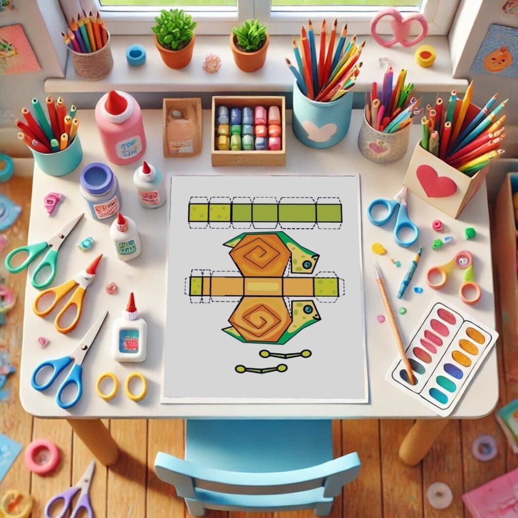 Printable 3D snail craft template for kids – includes colored and black-and-white versions to cut, fold, and glue into a fun paper snail
