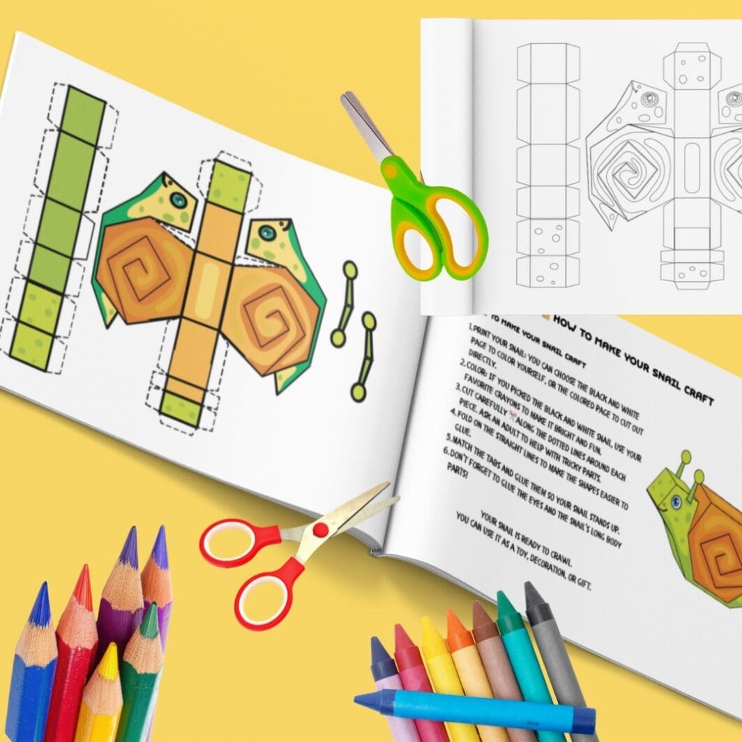 Printable 3D snail craft template for kids – includes colored and black-and-white versions to cut, fold, and glue into a fun paper snail
