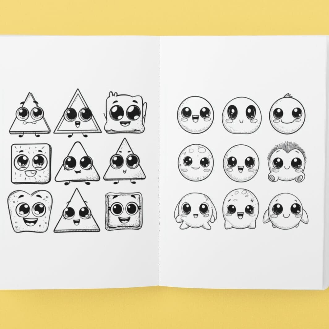 Printable Cute Shapes Coloring Book for kids – 26 kawaii coloring pages with fun square, triangle, and circle characters, perfect for parents, teachers, and homeschooling