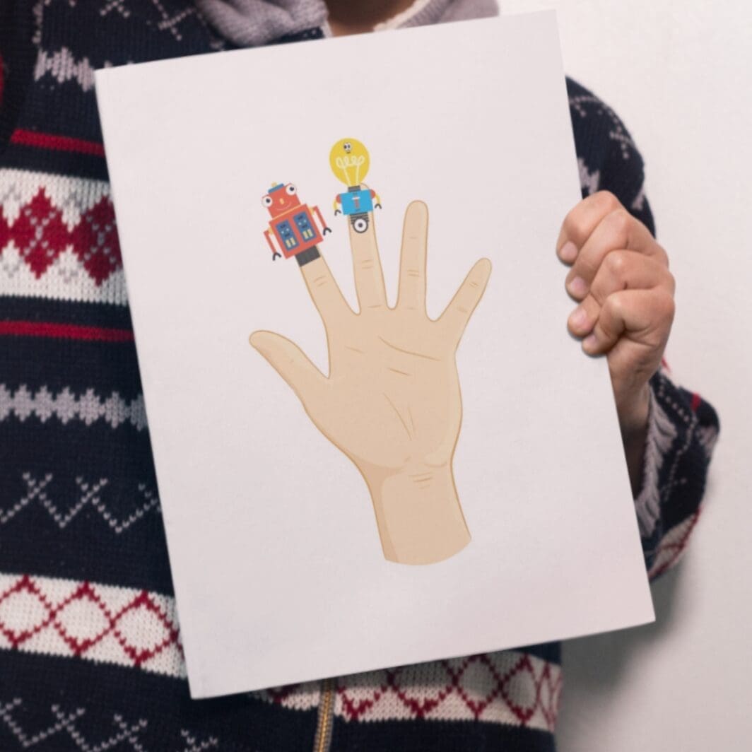 Printable finger puppet robots craft pack for kids – PDF download with 6 cut-out robot puppets and 5 coloring pages, fun STEM activity for play and learning