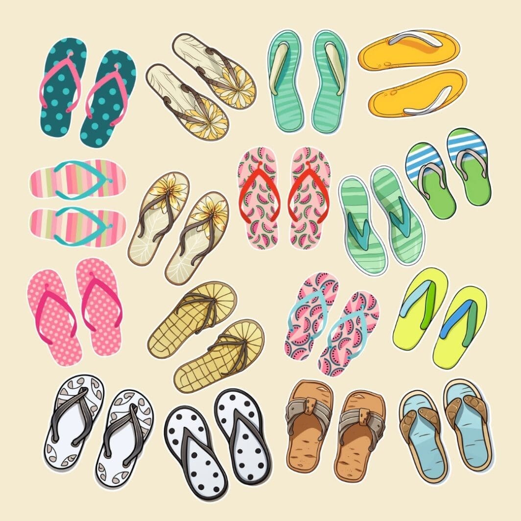 Cover image of 30 cute colorful flip flop stickers collection, digital and printable summer-themed designs available on sharekknaonline.com.