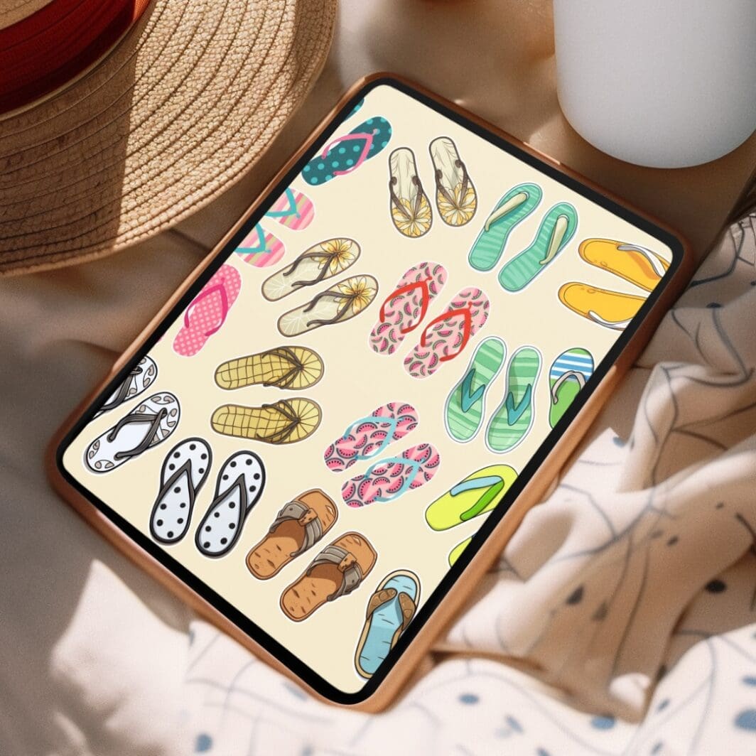 Cover image of 30 cute colorful flip flop stickers collection, digital and printable summer-themed designs available on sharekknaonline.com.