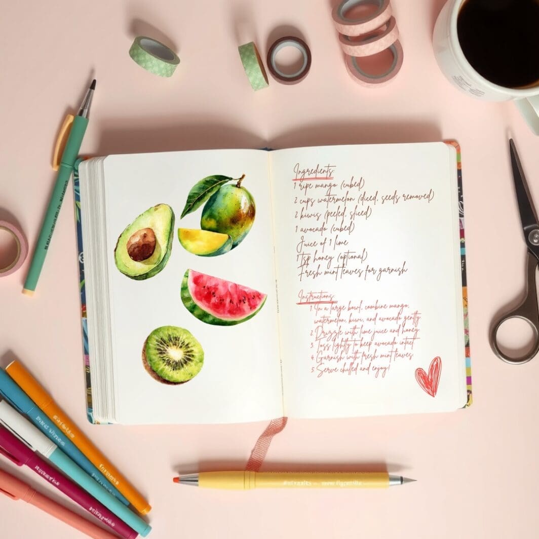 watercolor half-melon image, surrounded by 16 high-quality watercolor fruit stickers including mango, watermelon, kiwi, and avocado, scissors, and stationery – digital and printable stickers from SharekknaOnline.com