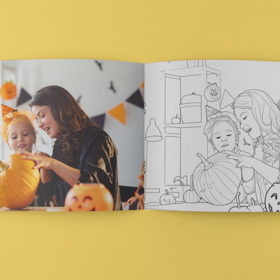 Halloween Family Coloring Pages – digital download with 4 family Halloween scenes in black and white and colored versions, printable A4 landscape activity sheets for kids and adults.