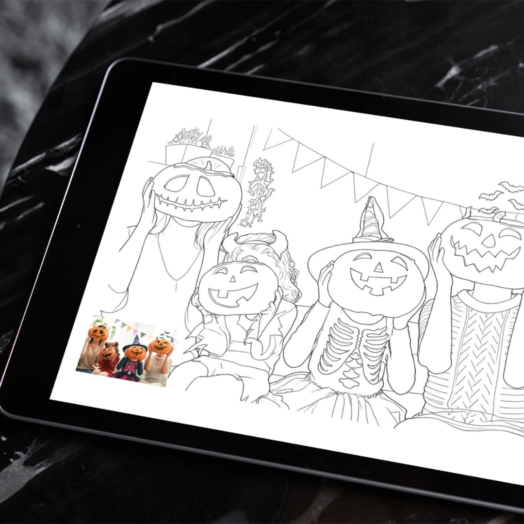 Halloween Family Coloring Pages – digital download with 4 family Halloween scenes in black and white and colored versions, printable A4 landscape activity sheets for kids and adults.
