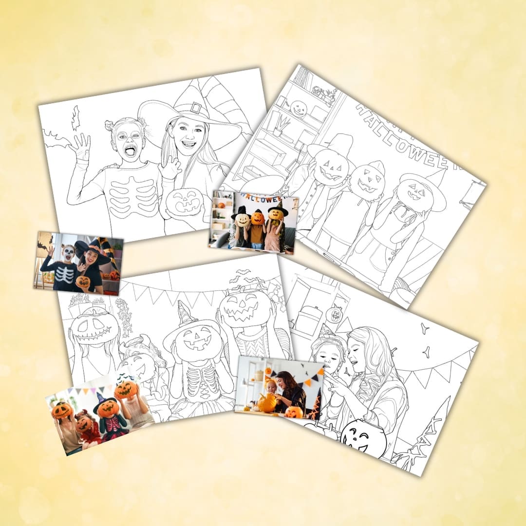 Halloween Family Coloring Pages – digital download with 4 family Halloween scenes in black and white and colored versions, printable A4 landscape activity sheets for kids and adults.