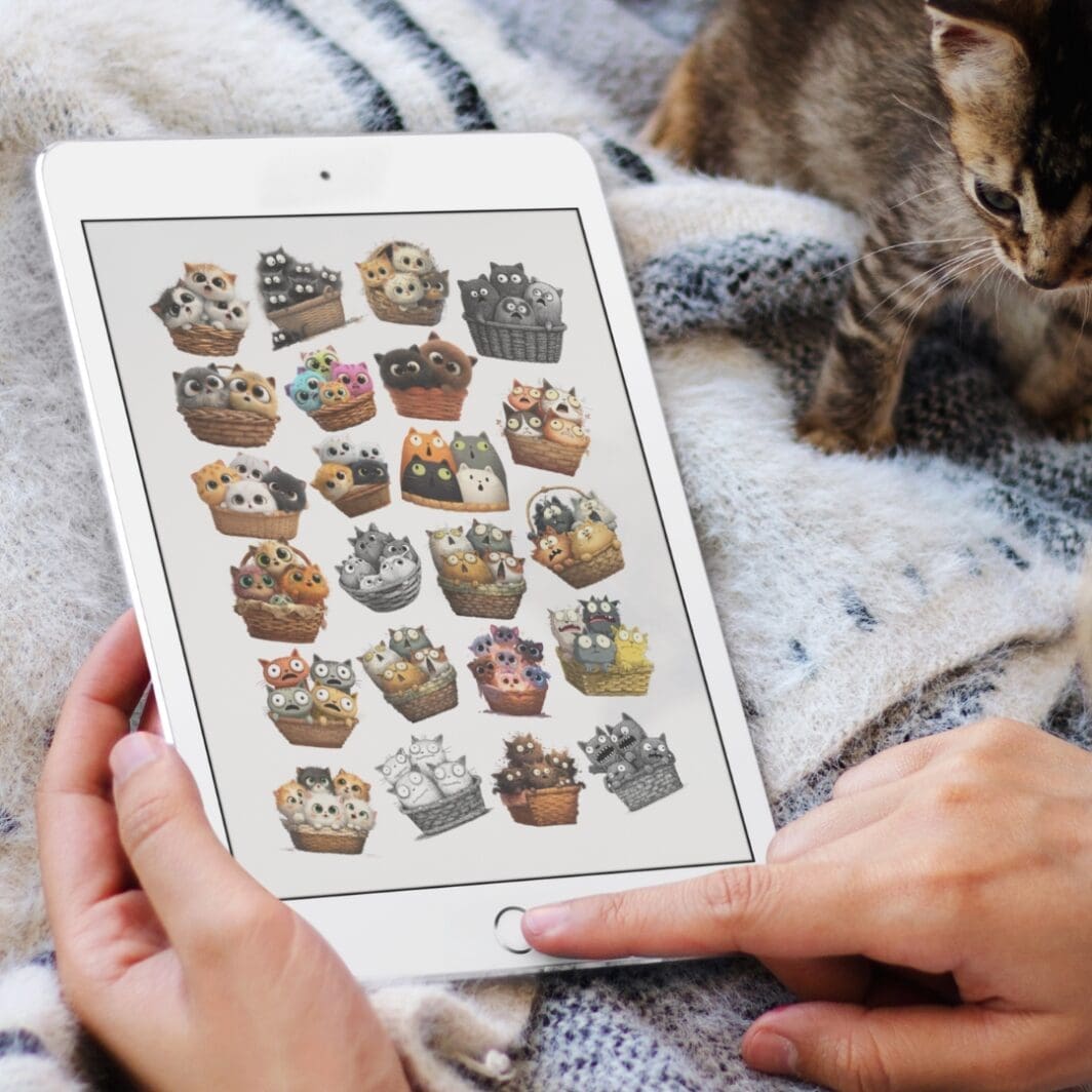 Cover image of the Scared Kitty Stickers collection showing a set of cute cartoon cats with wide eyes and funny, scared expressions, designed for use as printable and digital stickers