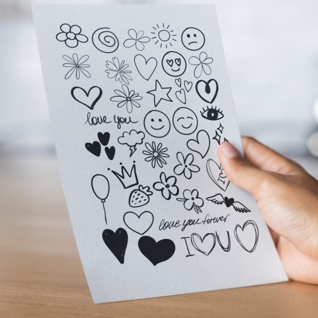 Minimalist collection of 39 hand-drawn black doodle clipart icons including hearts, stars, flowers, arrows, and simple shapes for digital and printable crafting.