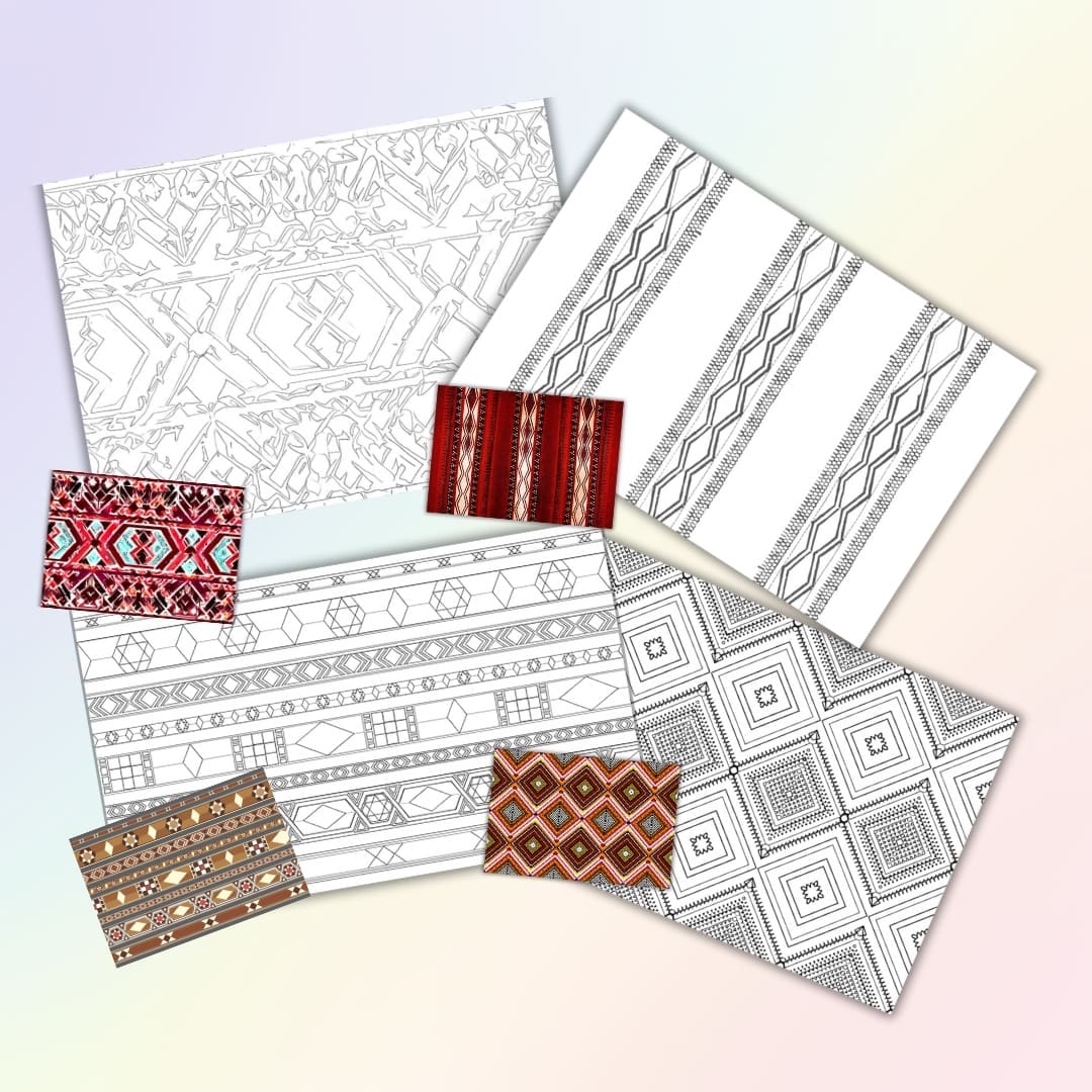 Boho tribal geometric patterns set — ethnic textile designs and traditional folk motifs for digital art, fabric print, and coloring pages.
