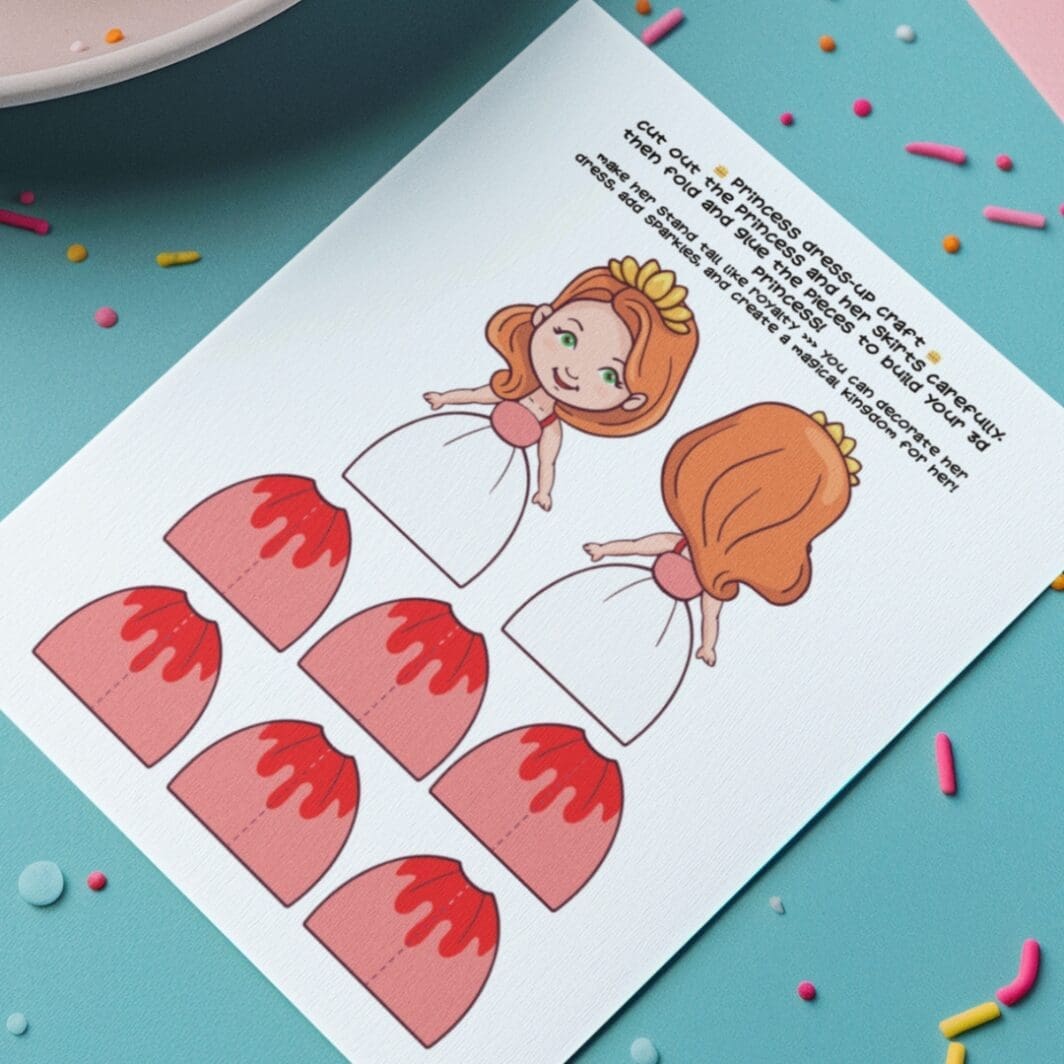 Printable Princess Dress-Up Craft activity sheet for kids featuring a cute red-haired princess with a crown, front and back views, and six colorful skirt pieces to cut, fold, and glue into a 3D standing paper doll.