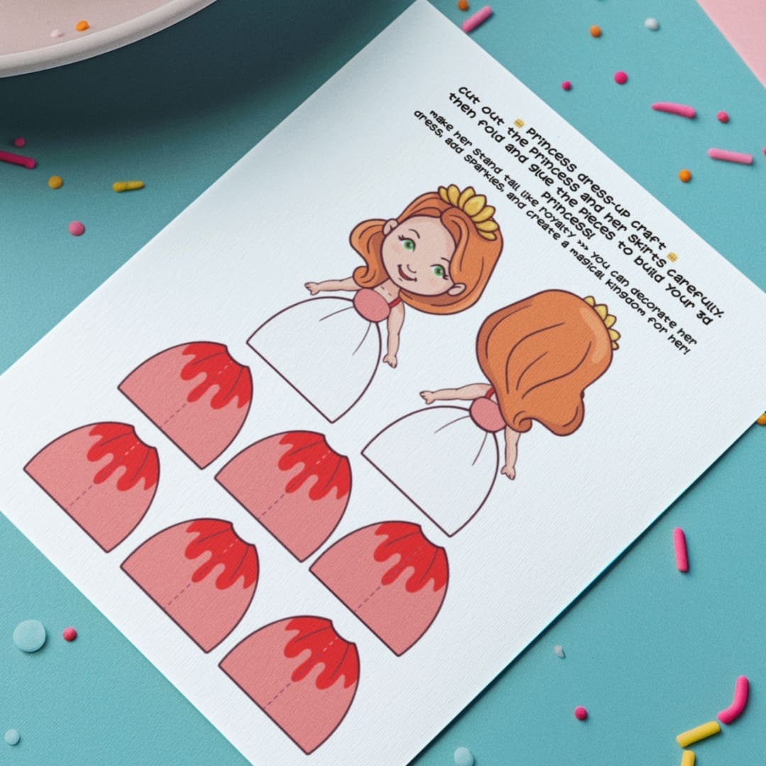 Printable Princess Dress-Up Craft activity sheet for kids featuring a cute red-haired princess with a crown, front and back views, and six colorful skirt pieces to cut, fold, and glue into a 3D standing paper doll.