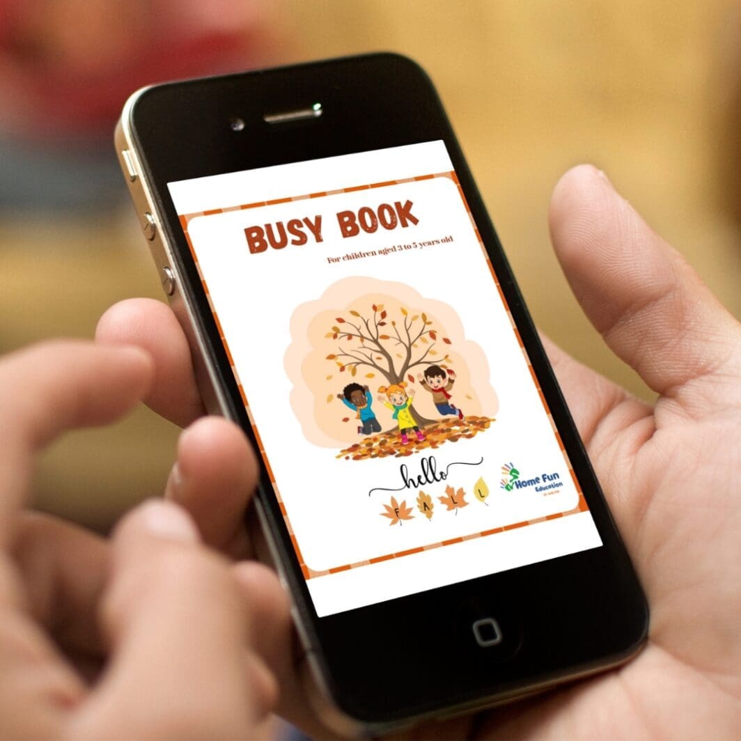 Fall Busy Book cover featuring colorful autumn leaves, pumpkins, and playful illustrations for preschool children, highlighting fun educational activities for ages 3 to 5