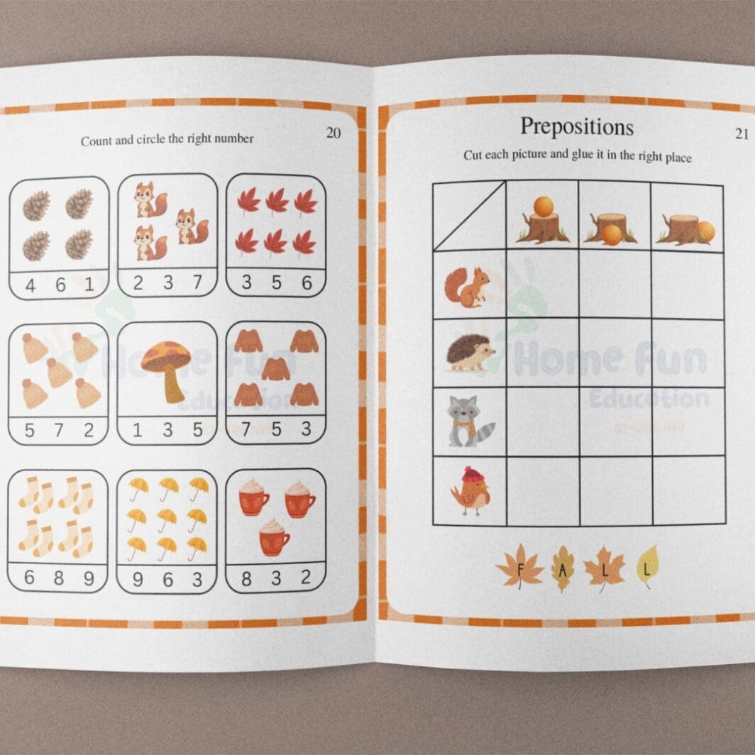 Fall Busy Book cover featuring colorful autumn leaves, pumpkins, and playful illustrations for preschool children, highlighting fun educational activities for ages 3 to 5