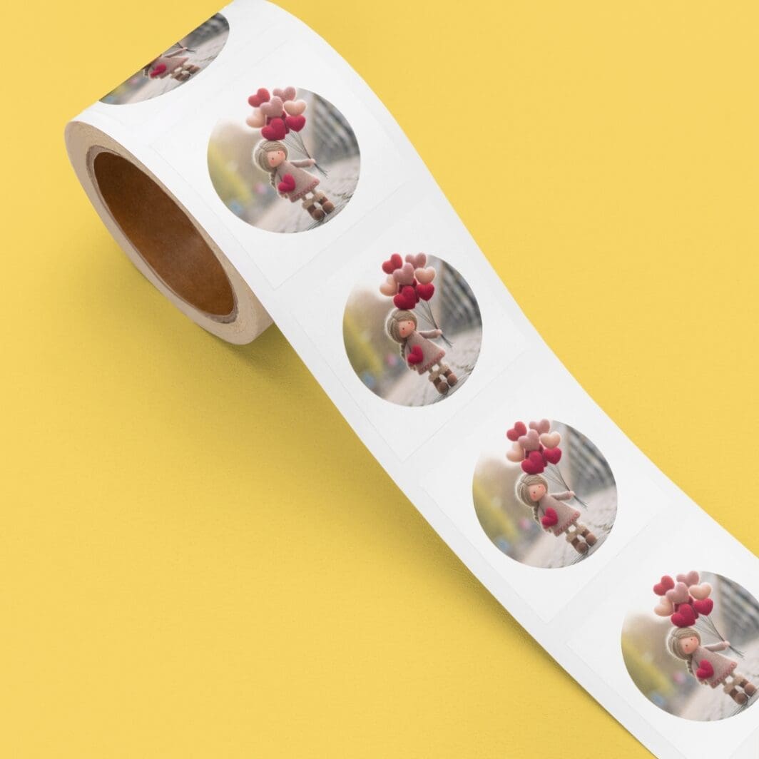 Adorable handmade-style wool doll girl surrounded by seasonal scenes, part of an 11-piece wool art sticker collection featuring cute felt characters in cozy outfits and soft yarn textures on a white background.