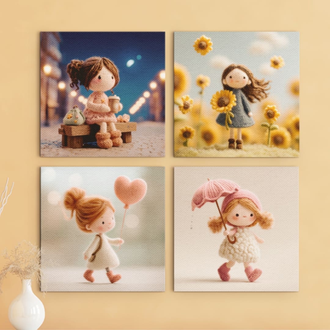 Collection of 18 wool doll mini posters featuring adorable handmade-style felt dolls in cozy outfits, soft pastel tones, and yarn textures, displayed on a clean white background — part of the Wool Doll digital wall art collection