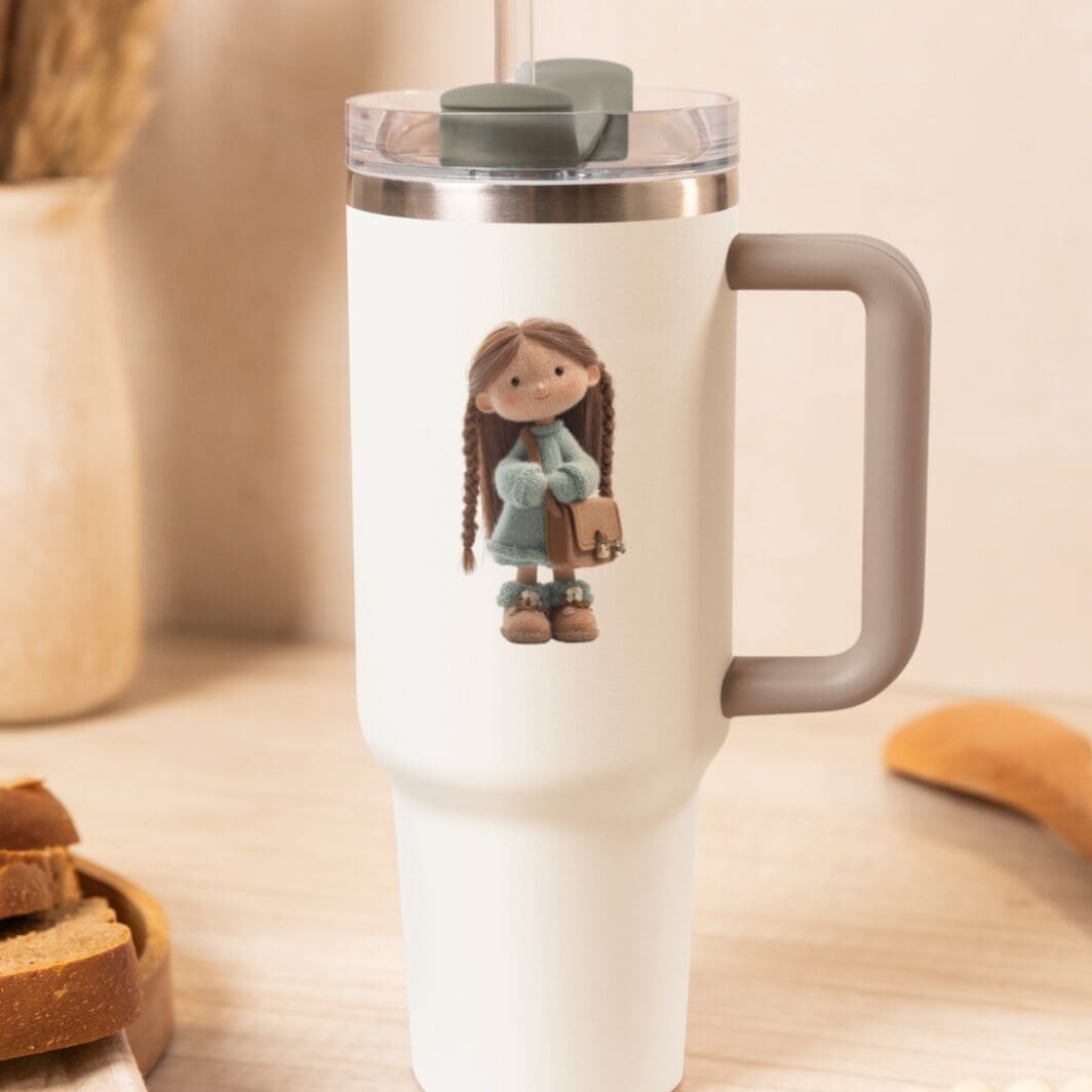 Collection of 18 adorable woolen doll girls made of soft felted yarn, each wearing cozy handmade outfits and boots, holding books, flowers, or bags, displayed on a clean white background — part of the Woolen Doll Stickers set