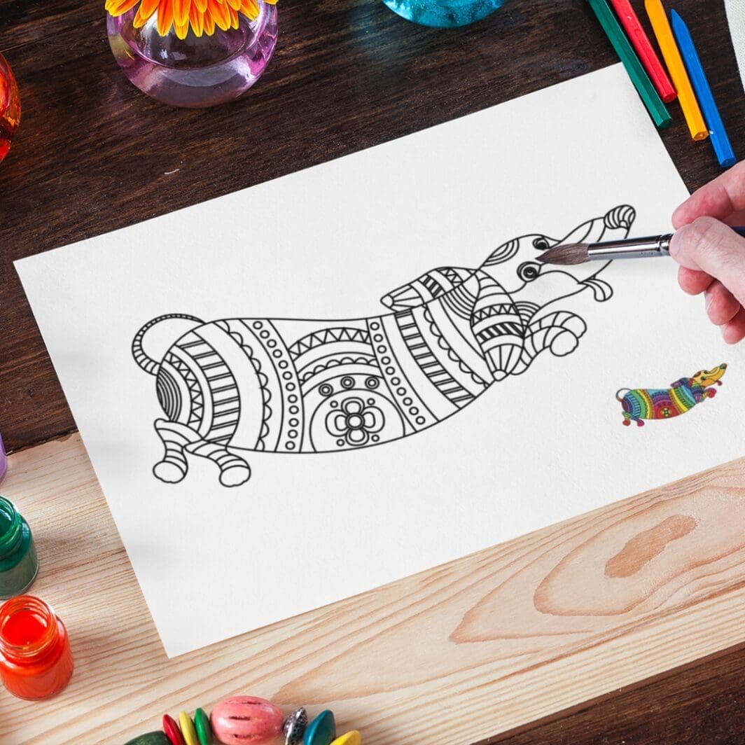 Set of five Zentangle animal coloring pages featuring an elephant, dog, cat, rhino, and bear with intricate black-and-white patterns and small colorful examples beside each design — printable art for kids and adults.