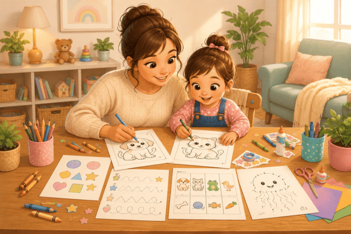 Mom and toddler enjoying screen-free printable activity sheets, coloring pages, tracing worksheets, and creative learning at home