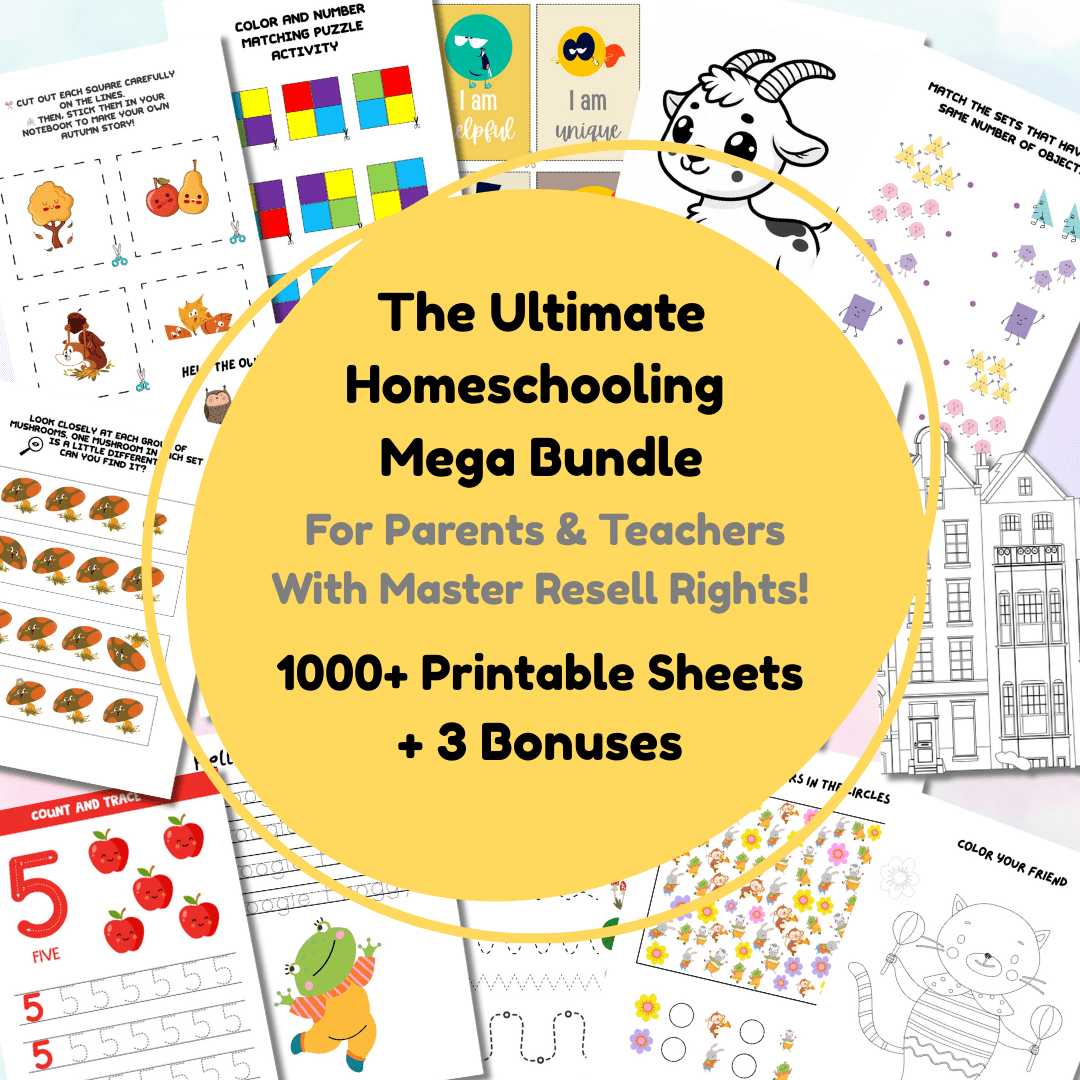 1 Cover image of a printable activity sheets bundle for children ages 2 to 5, featuring colorful illustrations, shapes, and playful designs that highlight early learning activities such as coloring, matching, tracing, and sorting.