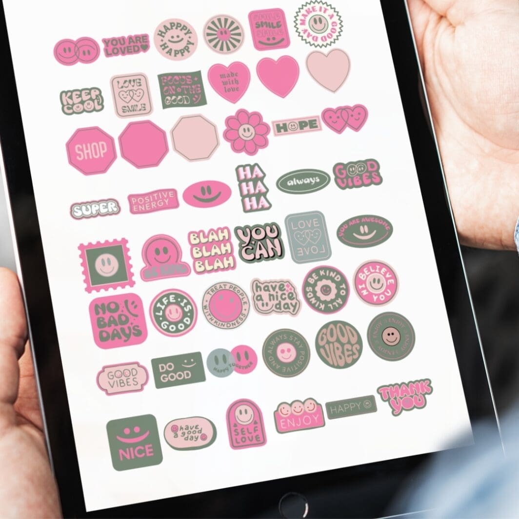 A set of 78 pastel Happy Stickers displayed on two sheets, featuring smiley faces, hearts, flowers, butterflies, positive phrases, and assorted decorative shapes in shades of pink, green, and beige.