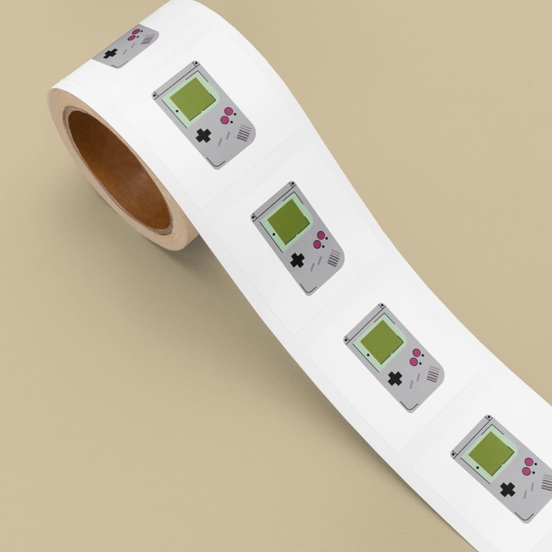 Digital sticker sheet titled Born in the 90’s featuring colorful retro illustrations, including a cassette tape, record player, guitar, scooter, vintage phones, sunglasses, Game Boy, slinky, Rubik’s Cube, old TV, camera, floppy disk, and denim pants on a beige background