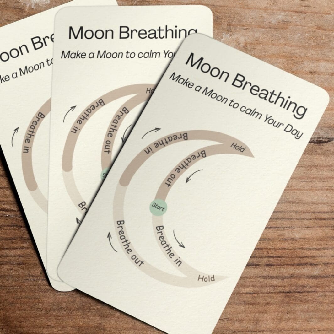 Moon Breathing card showing a crescent-shaped guided breathing path with inhale, exhale, and hold cues, designed for mindfulness, stress relief, and emotional regulation for kids and adults