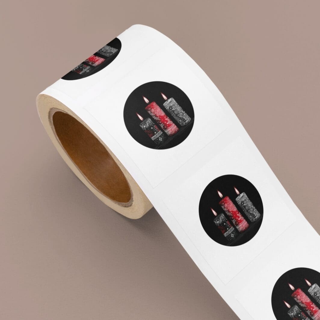 Collection of red and black Christmas candle stickers arranged in a grid, featuring decorative holiday designs, patterns, and glowing candle illustrations on dark circular backgrounds