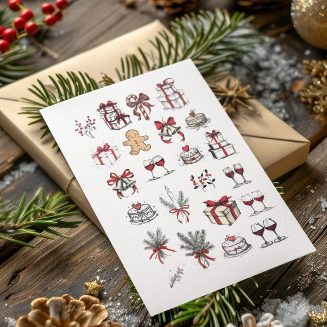 Cover of a digital product titled ‘26 Christmas Chalk Drawn Stickers,’ featuring hand-drawn holiday illustrations in red and white chalk style on a beige background, including pine branches, berries, candles, gingerbread characters, gifts, and festive decorations, with elegant typography at the center