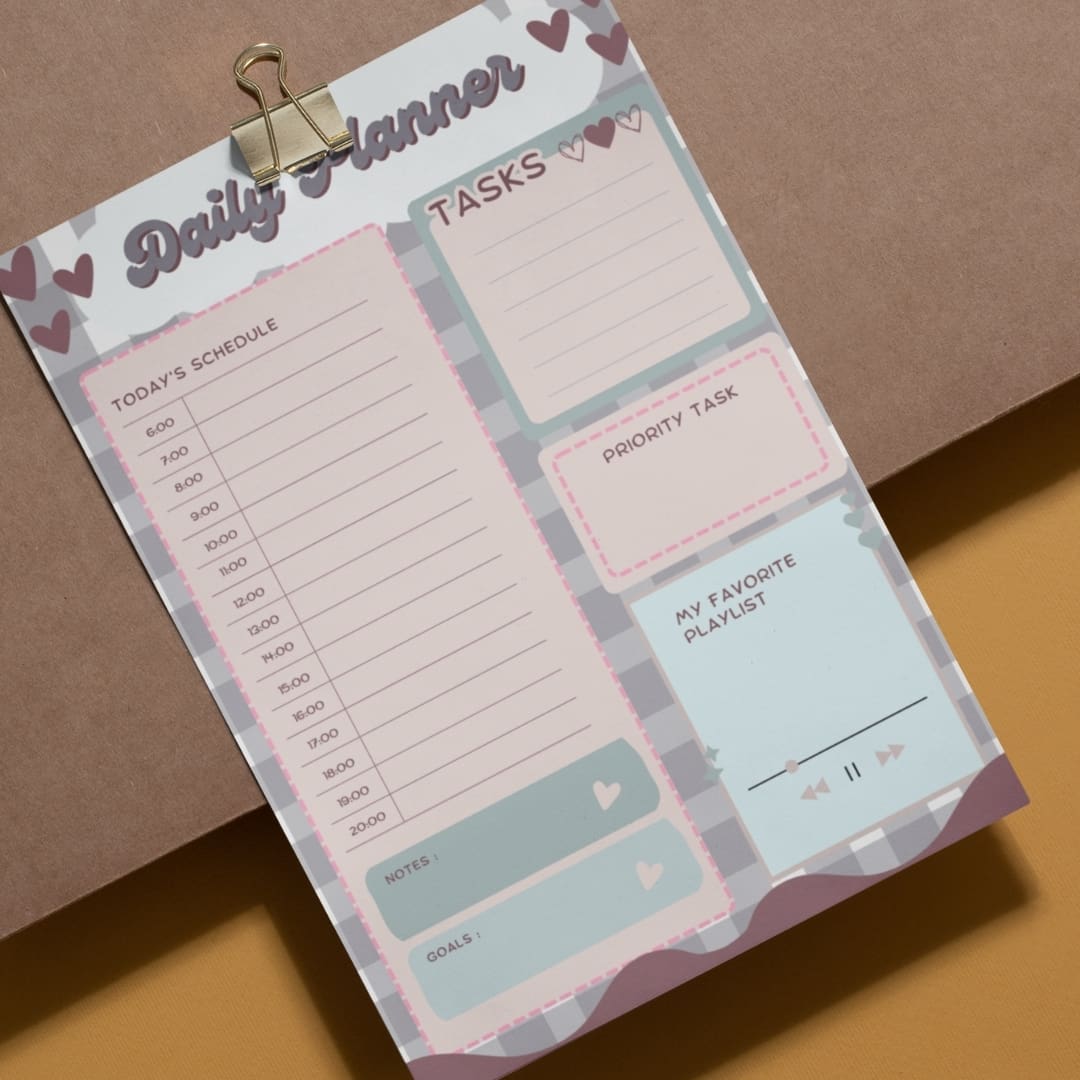 Daily Planner 03 A4 printable page with pastel colors, hourly schedule, task list, priority box, daily goals section, and cute heart-themed aesthetic layout for organizing and planning the day.