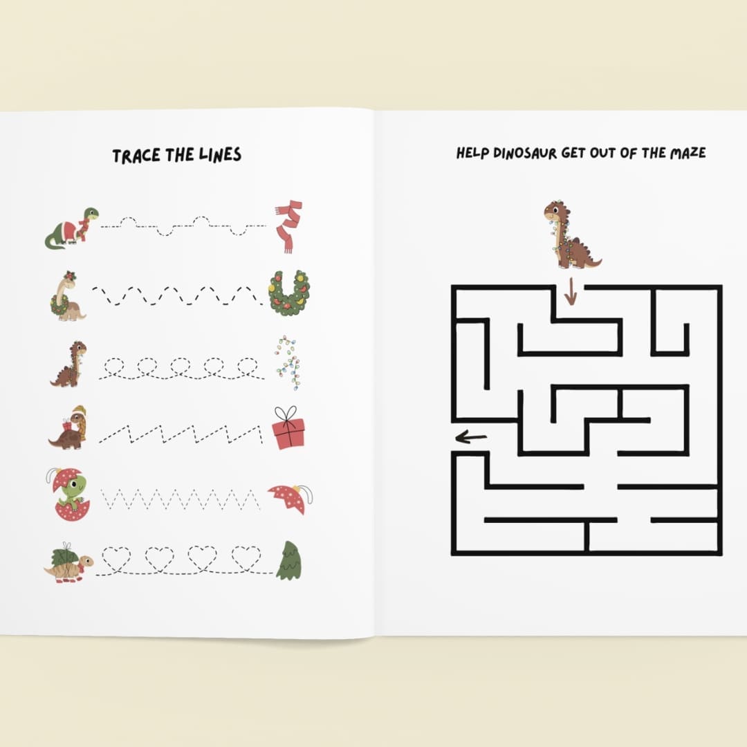 Colorful cover page showing cute dinosaur characters in Christmas outfits surrounded by festive decorations, promoting a 30-page Dinosaur Christmas Activity Sheets bundle for kids ages 2–5