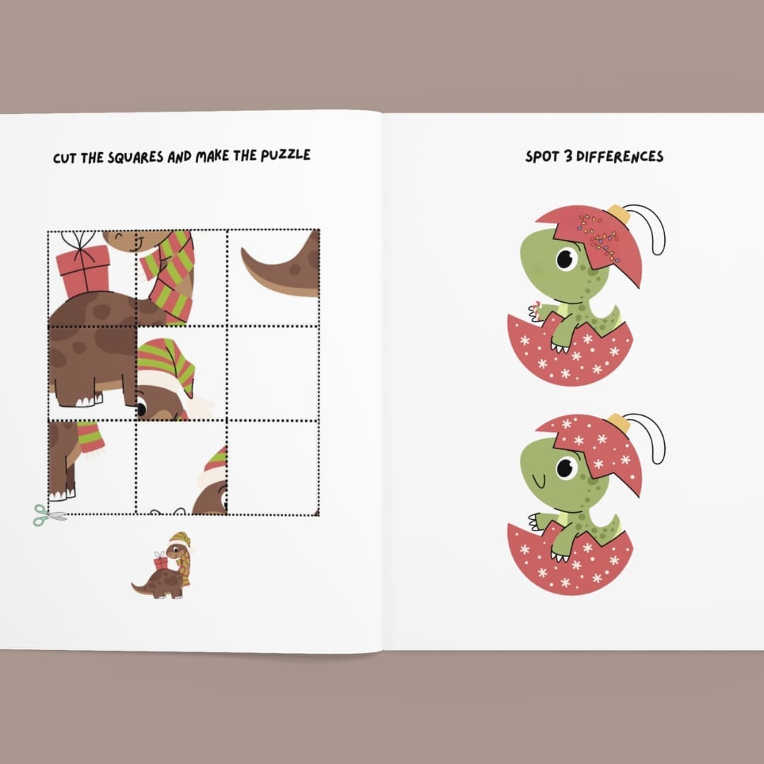 Colorful cover page showing cute dinosaur characters in Christmas outfits surrounded by festive decorations, promoting a 30-page Dinosaur Christmas Activity Sheets bundle for kids ages 2–5