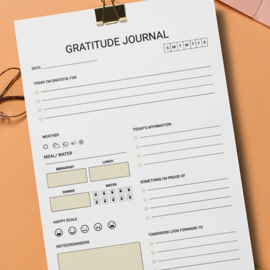 A4 printable Gratitude Journal page featuring sections for daily gratitude, affirmations, meal and water tracking, weather icons, mood scale, notes, and tomorrow’s intentions in a clean minimalist layout